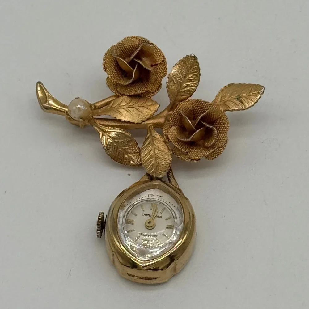 Vintage 60s Golden Shield Swiss Made Mechanical Rose Lapel Watch Brooch Pin
